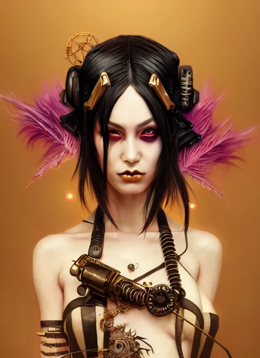 Image similar to soft lustrous geisha raver gutter punk gothic steampunk cyborg, golden ratio, details, scifi, fantasy, cyberpunk, intricate, decadent, highly detailed, digital painting, octane render, artstation, concept art, smooth, sharp focus, illustration, art by artgerm, loish, wlop