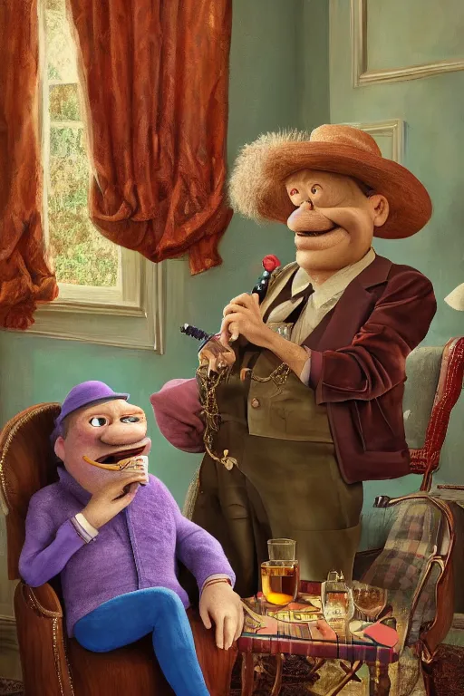 Image similar to still from kids tv show, retired barney, sitting in a lounge, sipping whiskey and smoking a cigar, oil on canvas, intricate, portrait, 8 k highly professionally detailed, hdr, cgsociety