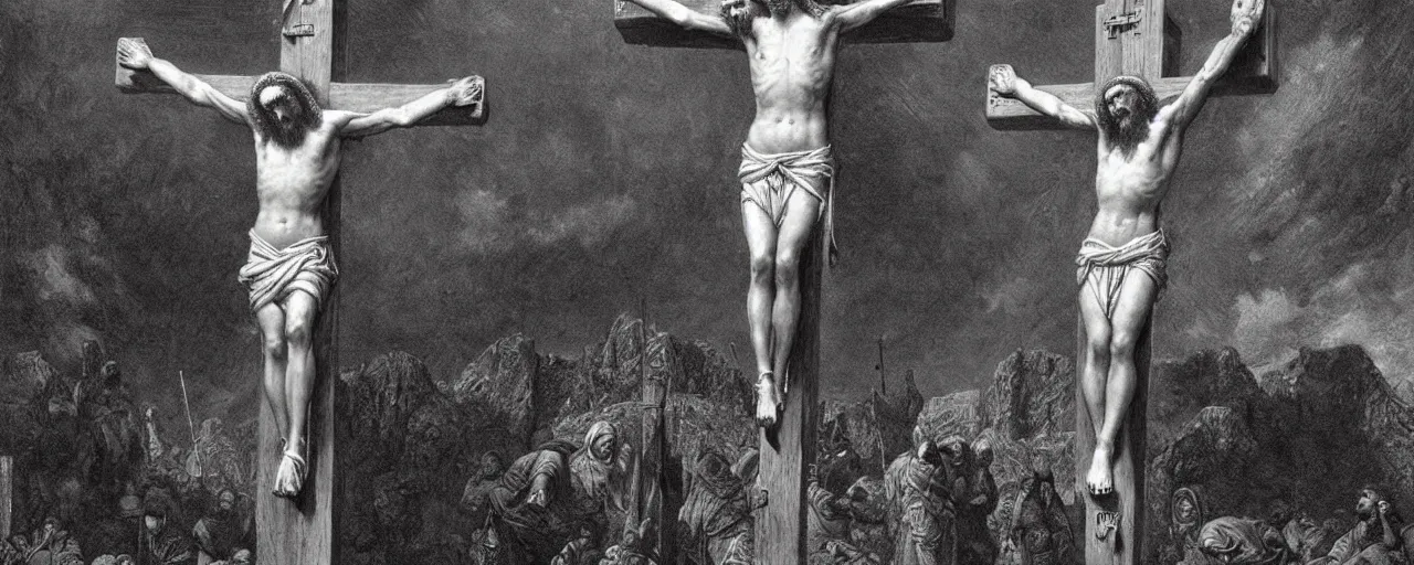 Image similar to the crucifixion of jesus christ, photorealistic, highly detailed, texture, soft light, dramatic, moody, ambient, painting by gustave dore