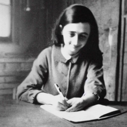 Image similar to Photograph of Anne frank writing in her diary in the attic