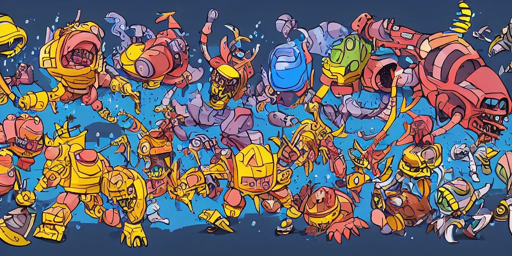 Prompt: splashy cartoony illustration of various battle monsters, battle ai arena, mechabots and glue monsters, funny fighting show, crazy colors