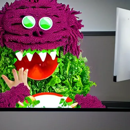 Image similar to a salad monster sits on a monitor inside an office