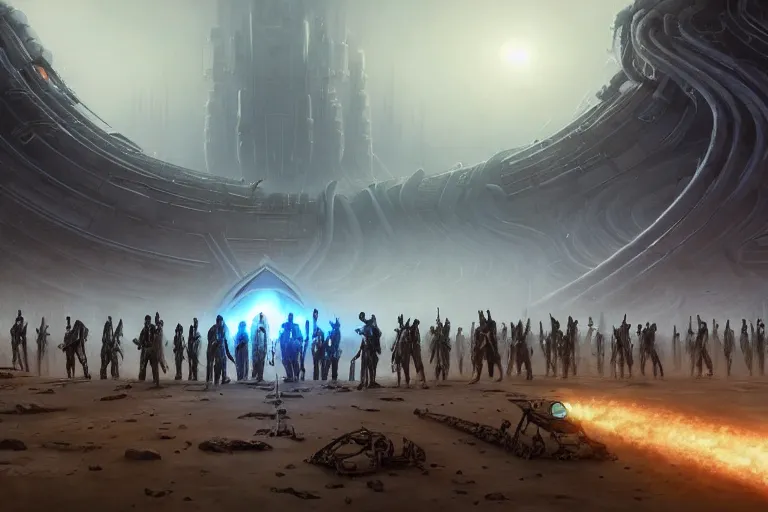 Image similar to a crowd of androids walking in a line along a spiral path towards an ancient alien portal, pilgrimage, in mad max style, stargate, coriolios rpg art style, full of details, dark sci - fi, cold blue colors, matte painting, artstation, 8 k, hyperrealistic, style of peter mohrbacher