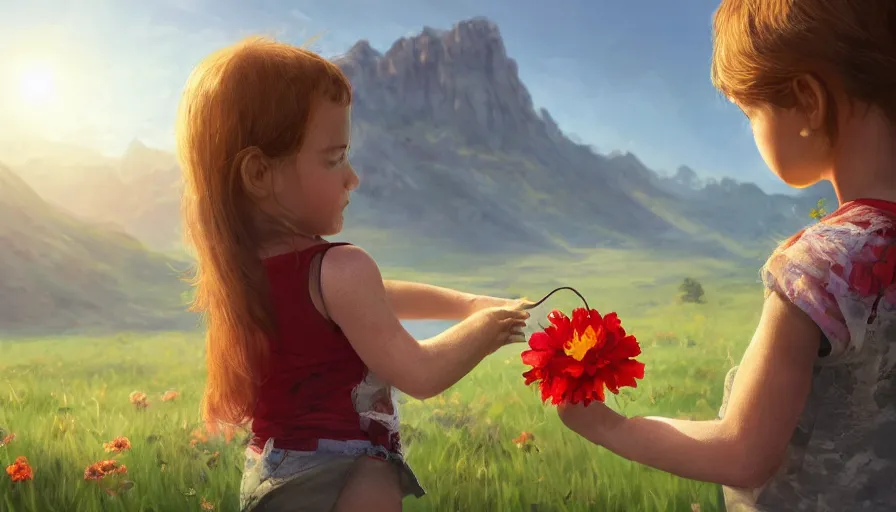 Image similar to side view of little girl giving flower to soldier, mountains in the background, sunny day, shadow, hyperdetailed, artstation, cgsociety, 8 k