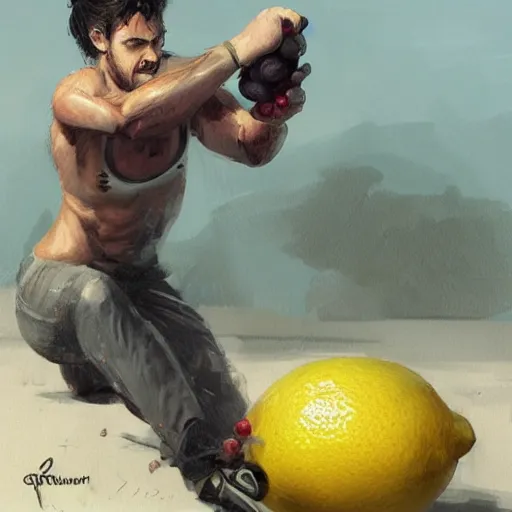 Prompt: lemon fruit as gigachad working out by greg rutkowski