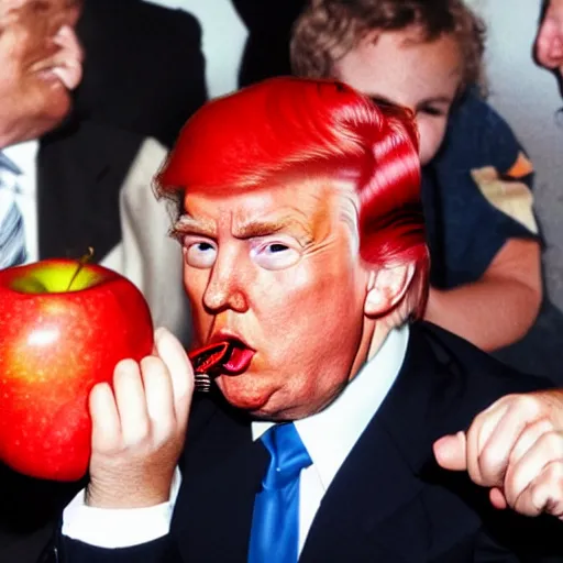 Image similar to secuctive donald trump with red hair eating an apple looking in the camera