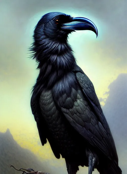 Prompt: closeup portrait of a raven, realistic, professionally, professionally color graded, intricate, elegant, highly detailed, centered, digital painting, artstation, concept art, smooth, sharp focus, illustration, artgerm, tomasz alen kopera, peter mohrbacher, donato giancola, mucha, joseph christian leyendecker, wlop, boris vallejo