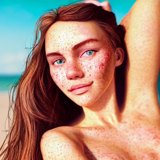 Image similar to portrait of a cute thin young woman, bronze brown hair, emerald green eye color, red blush, cute freckles, smug smile, modern clothes, relaxing on the beach, golden hour, close up shot, 8 k, art by irakli nadar, hyperrealism, hyperdetailed, ultra realistic