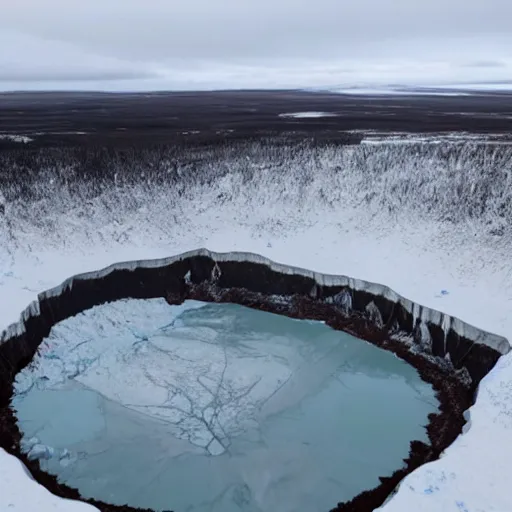 Image similar to helicopter shot of gigantic permafrost sinkhole, collapsing ground, disaster movie