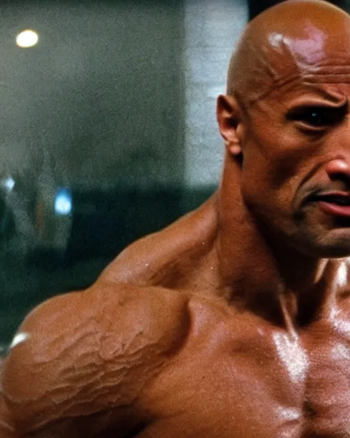 Image similar to Film still close-up shot of Dwayne Johnson as Rocky Balboa from the movie Rocky. Photographic, photography