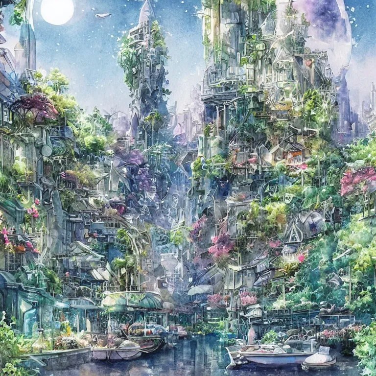 Image similar to Beautiful happy picturesque charming sci-fi city in harmony with nature. Beautiful light. Water and plants. Nice colour scheme, soft warm colour. Beautiful detailed watercolor by Lurid. (2022)