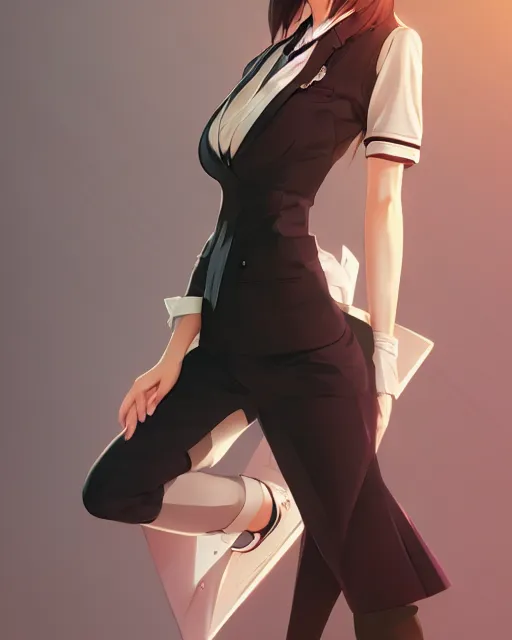 Image similar to full body shot of a beautiful waitress woman in work attire, art by saruei and guweiz and ilya kuvshinov, digital art, highly detailed, intricate, sharp focus, trending on artstation hq, deviantart, pinterest, unreal engine 5, 4 k uhd image