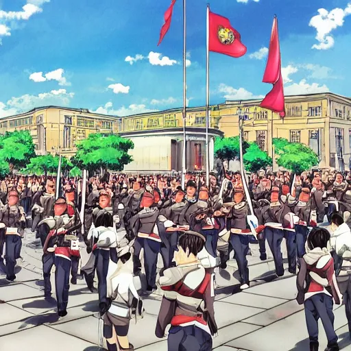 Prompt: anime art, army march in infinitia square in front of infinian de gowyernmentıa in government center during mother's day