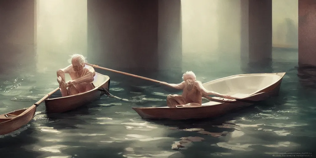 Image similar to bathtub, an old man in a rowboat circling the drain, detailed oil painting, cinematic angle, hyperrealistic, breathtaking, volumetric lighting, cinematic lighting, dynamic, Studio Ghibli, digital art, octane render, epic composition, trending on artstation, masterpiece