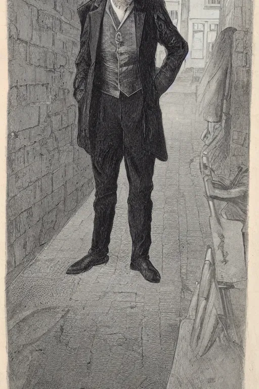 Image similar to portrait of a villain, standing in a gaslit london alleyway