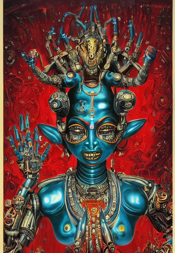 Image similar to biomechanical alien robot goddess kali, female, intense stare, sarcastic smile, symmetrical, concept art, intricate detail, volumetric shadows and lighting, realistic oil painting, 1 9 7 0 psychedelic soviet poster,