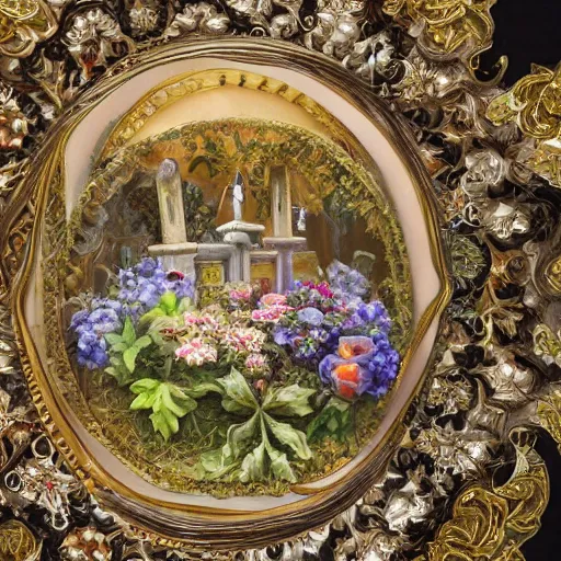 Prompt: a still life painting of a miniature tabletop cemetery under an ornate glass dome, by paulette tavormina and janet fish, on a sumptuous tablecloth, extremely detailed, dramatic lighting, smooth sharp focus