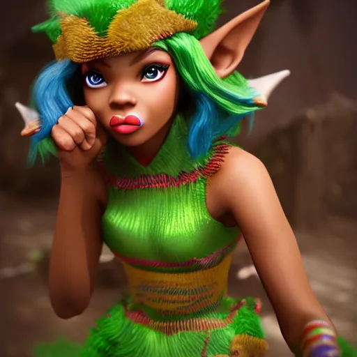 Image similar to beautiful afroame elf, clash royal style characters, unreal engine 5, octane render, detailed, cinematografic, cinema 4 d