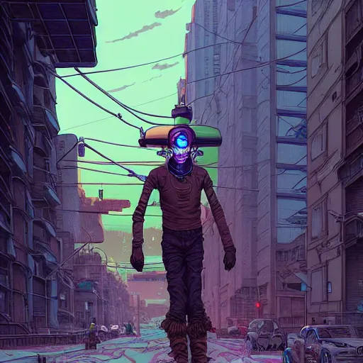 Image similar to A solarpunk farmer cyborg on the street of a solarpunk city art by Josan Gonzalez, sci-fi, highly detailed, digital painting, artstation, smooth, sharp focus, illustration, concept art by Josan Gonzalez and James Gurney and Mœbius