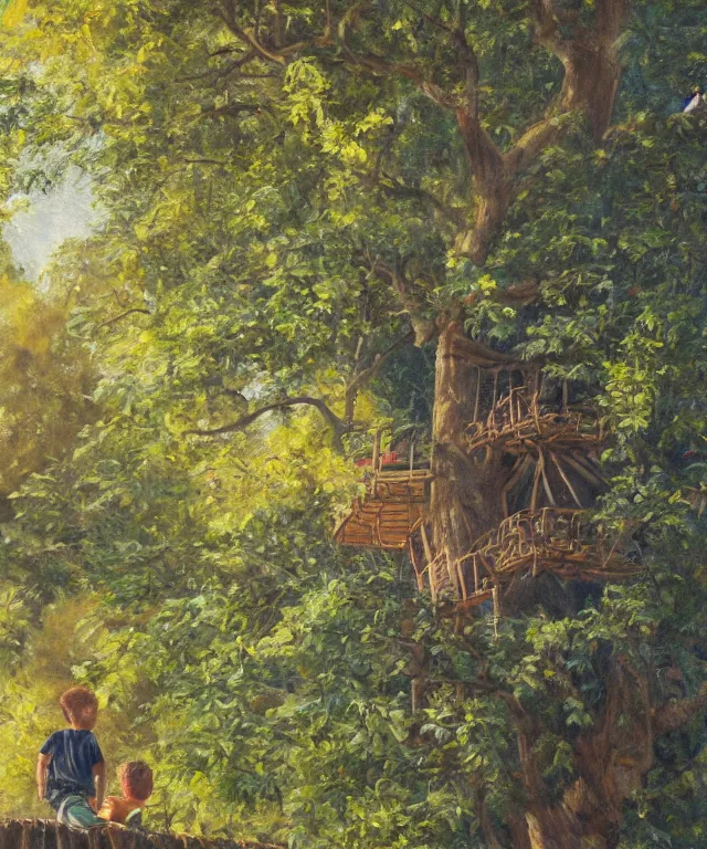 Image similar to masterful oil on canvas painting, eye - level view, shot from 5 0 feet distance, of a kid playing in a treehouse. in the background is a whimsical forest. golden hour, detailed, depth, volume, chiaroscuro, quiet intensity, vivid color palette.