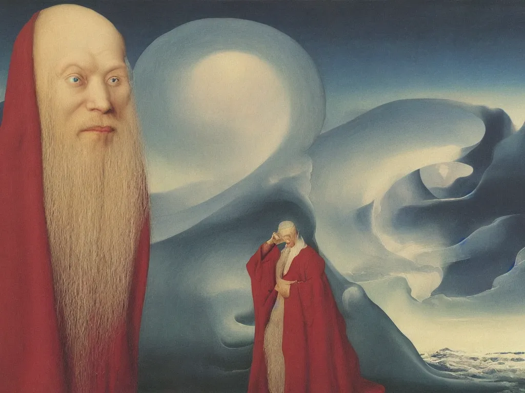 Prompt: Portrait of albino mystic with blue eyes, with landscape with tsunami, giant wave at night. Painting by Jan van Eyck, Audubon, Rene Magritte, Agnes Pelton, Max Ernst, Walton Ford