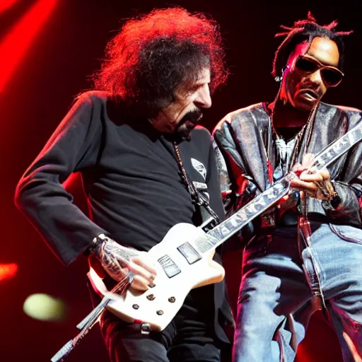 Prompt: Tony Iommi and Wiz Khalifa on a stage