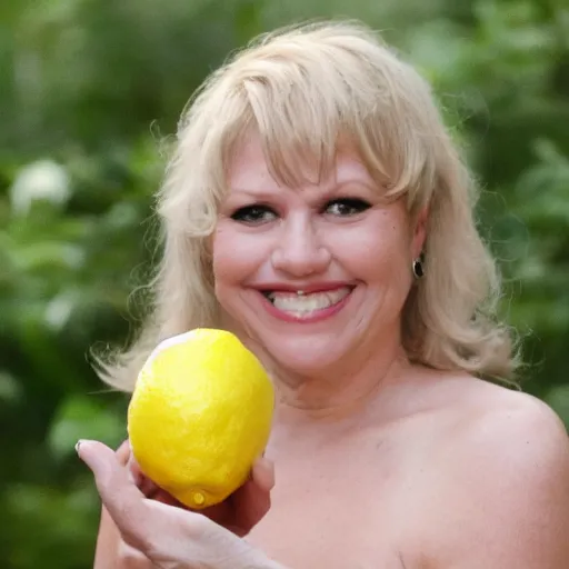 Prompt: Jill Tyrell from nighty night holding a lemon