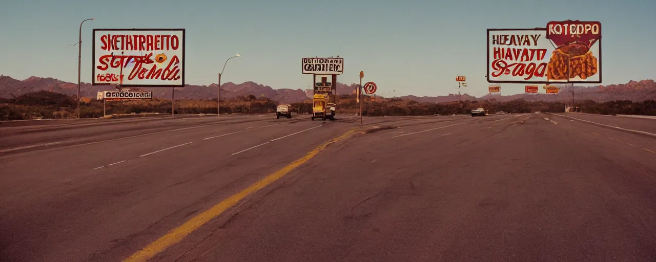 Prompt: highway advertisements promoting spaghetti, highway 5 0, arizona, sunset, canon 2 0 mm, shallow depth of field, kodachrome, in the style of wes anderson