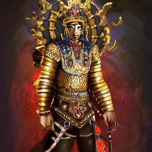 Image similar to a young black boy dressed like an african moorish warrior in gold armor and a crown with a ruby, and a very ornate glowing scimtar, for honor character digital illustration portrait design, by android jones in a psychedelic fantasy style, dramatic lighting, hero pose, wide angle dynamic portrait