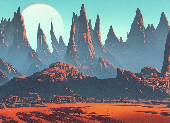 Prompt: ground view of a future city surrounded by mountains. style by peter elson and eyvind earle.