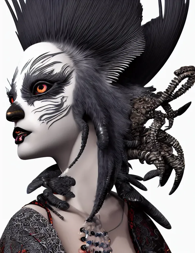 Image similar to 3 d goddess close - up profile portrait punk with mohawk with ram skull. beautiful intricately detailed japanese crow kitsune mask and clasical japanese kimono. betta fish, jellyfish phoenix, bio luminescent, plasma, ice, water, wind, creature, artwork by tooth wu and wlop and beeple and greg rutkowski