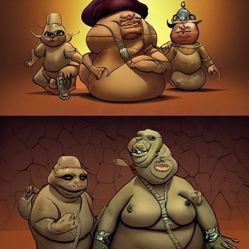 Prompt: jabba the hut and princess leah political comic style characturies in the desert, 4k, picture of the year, artstation