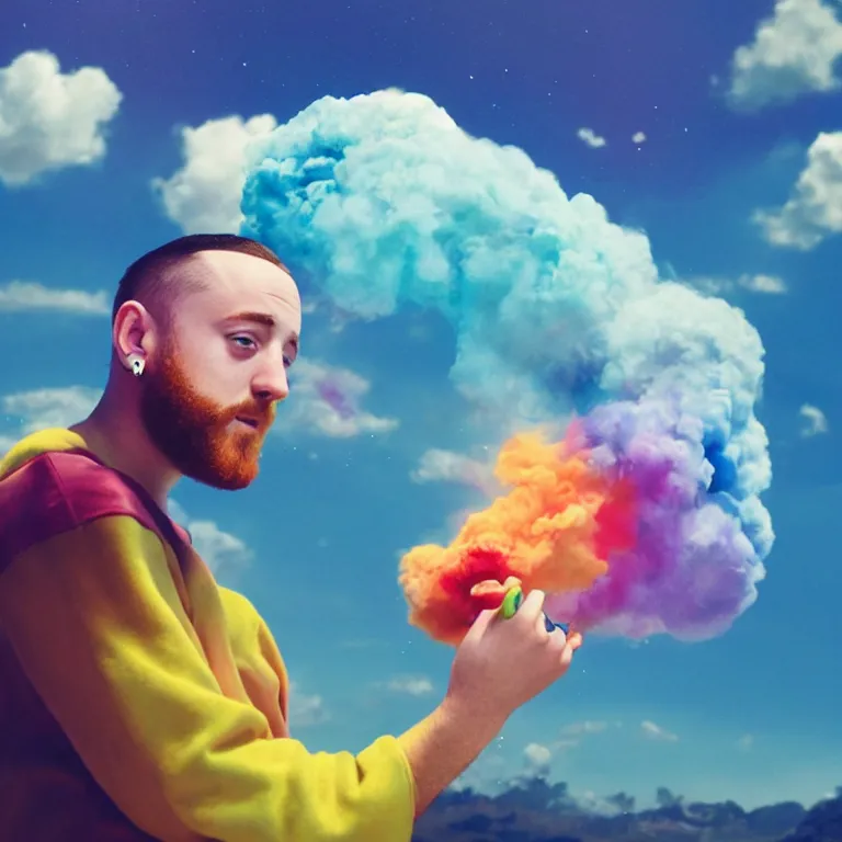 Prompt: mac miller blowing out a colorful cloud holding a joint, cinematic lighting, octane render, a wonderful painting by mateusz urbanowicz