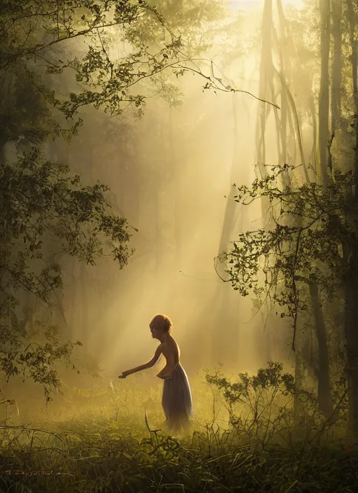 Image similar to misty swamp, hazy fog, sundown golden hour, early morning dance, smile, fireflies and sparkling wisps, sun rays through trees, Lilia Alvarado, Sophie Anderson, Mark Arian, Bob Byerley, Charlie Bowater, Mark Brooks, Steve Henderson, Justin Gerard, Arthur Hughes, Edward Robert Hughes, Mark Keathley, Victor Nizovtsev, Carlos Shwabe, Ross Tran, WLOP