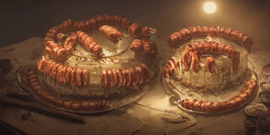 Prompt: Intricate detailed illustration, birthday cake decorated with sausages, cinematic lighting, by Sparth and Greg Rutkowski, wide angle, volumetric light scattering, 8k, artstation, concept art,