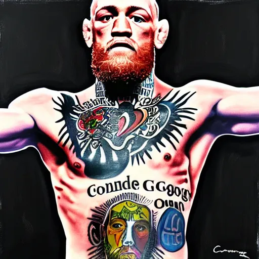 Prompt: conor mcgregor crucified, oil on canvas, digital art, religious, chest tattoo