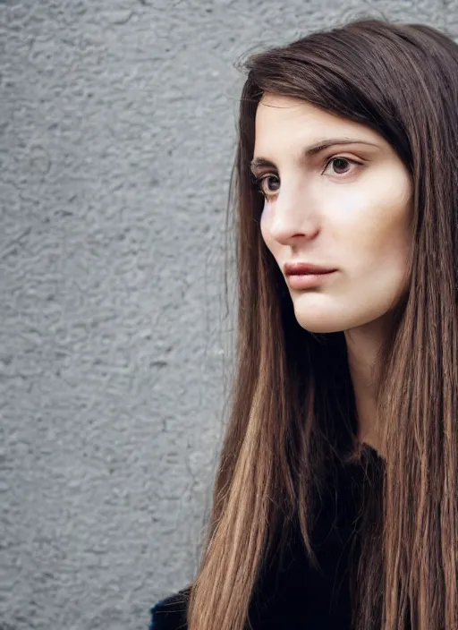 Image similar to portrait of beautiful 30-years-old French woman, with long, straight hair, well-groomed model, with lovely look, candid street portrait in the style of Martin Schoeller award winning, Sony a7R