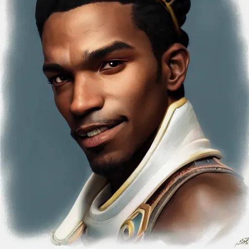 Image similar to closeup portrait of lucio from overwatch, d & d, fantasy, intricate, elegant, highly detailed, digital painting, artstation, concept art, matte, sharp focus, illustration, hearthstone, art by artgerm and greg rutkowski and alphonse mucha