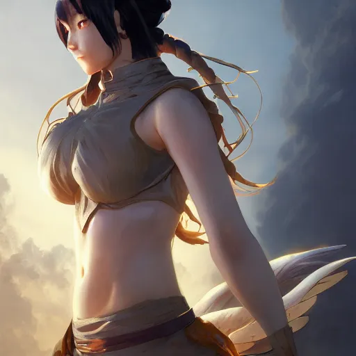 Image similar to hinata, posing heroically, heavenly, full body close-up shot, elegant, realistic character concept, high fantasy, light atmosphere, golden ratio, cinematic lighting, hyperdetailed, high resolution, insanely detailed and intricate, artstation, Marc Simonetti, Greg Rutkowski, octane render, 8k