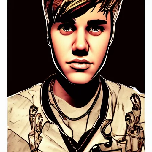 Image similar to justin bieber portrait, borderlands, tales from the borderlands, the wolf among us, comic, cinematic lighting, studio quality, 8 k