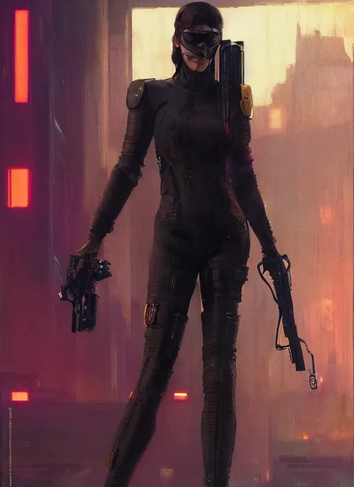 Prompt: Modern Helen of Troy. Cyberpunk assassin in tactical gear. blade runner 2049 concept painting. Epic painting by Craig Mullins and Alphonso Mucha. ArtstationHQ. painting with Vivid color. (rb6s, Cyberpunk 2077, matrix)