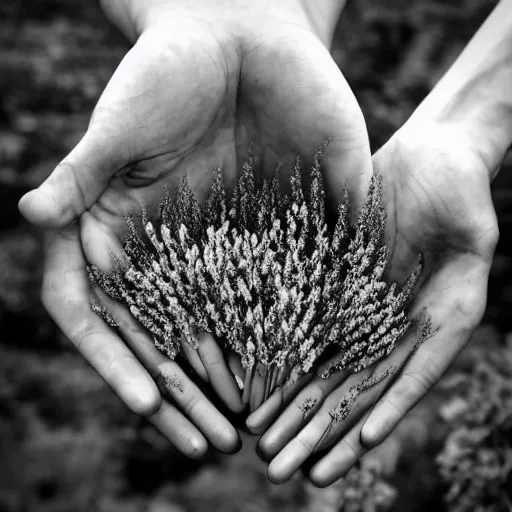 Image similar to a thousand of hands touching flowers, by benjamin bjorklund. Dark and atmospheric