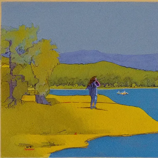 Prompt: by milo manara improvisational, meticulous cool yellow. the computer art of two lakes in connecticut, with mountains in the distance.