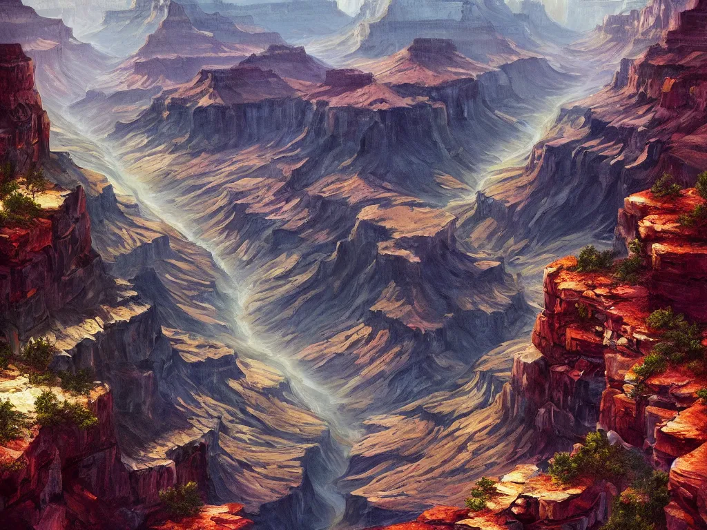 Image similar to grand canyon filled with sparkling water, magical, digital painting, trending on artstation, deviantart, 8k, epic composition, intrinsic details, perfect coherence