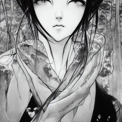 Image similar to a portrait of a character in a scenic environment by Yoshitaka Amano, black and white, dreamy, dark eyes, wavy silver hair, highly detailed