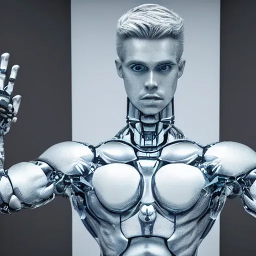 Image similar to made of ice, a realistic detailed photo of a guy who is an attractive humanoid who is half robot and half humanoid, who is a male android, on display, blank stare, showing off his muscles, shiny skin, posing like a statue, by the pool, frozen ice statue, twitch streamer / gamer ludwig, humanoid robot