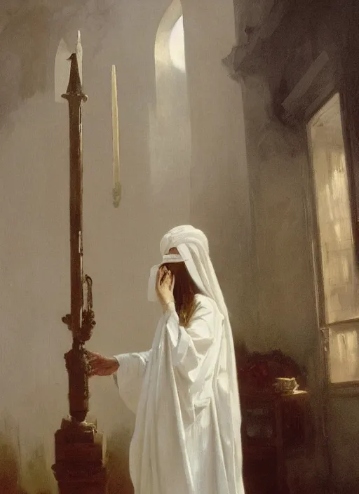 Image similar to an oil painting of a tall person in flowing white robes wearing a white venetian carnival mask standing in a gloomy dark room with hazy sunlight streaming through the window, in the style of john singer sargent, greg rutkowski, maxfield parrish and alphonse mucha