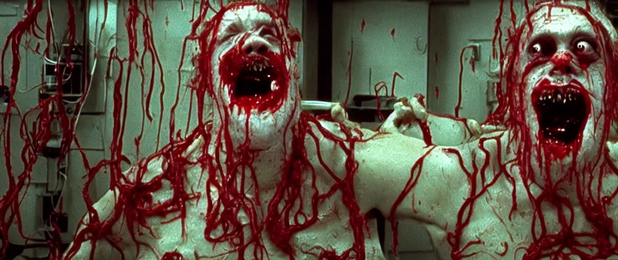 Image similar to filmic extreme wide shot movie still 4 k uhd interior 3 5 mm film color photograph of a hairy man with torn bloody clothes red noodles slime and tentacles coming out of his chest grabbing a scientist in a lab coat who is screaming oh my god and looking up for help, in the style of the horror film the thing 1 9 8 2