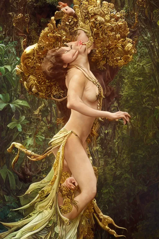 Prompt: natalie portman as queen of the jungle, jumping, midair, full figure, painted by nekro, alphonse mucha, dark - fantasy, intricate detail, artstation, cgsociety, rococo, gold leaf art