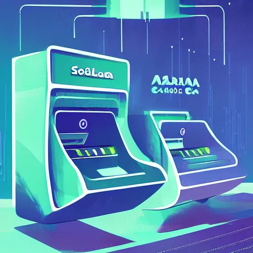 Image similar to An Illustration of a futuristic ATM of Solana cryptocurrency, by James Gilleard and Bruce Pennington, highly detailed,